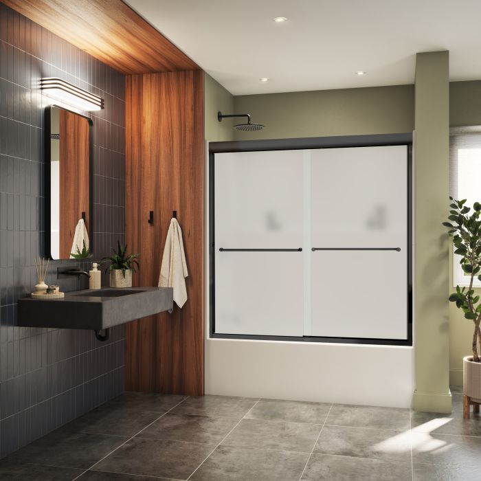 Porte de baignoire bidirectionnelle Misca 55-59 x 57 po, 6 mm pour installation en alcôve avec verre givré et fini noir mat