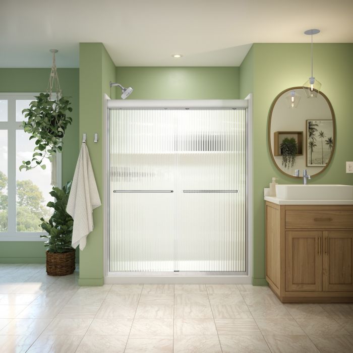 Douche Misca Porte de bidirectionnelle 55-59 x 71 po, 6 mm pour installation en alcôve avec verre fluté et fini chrome