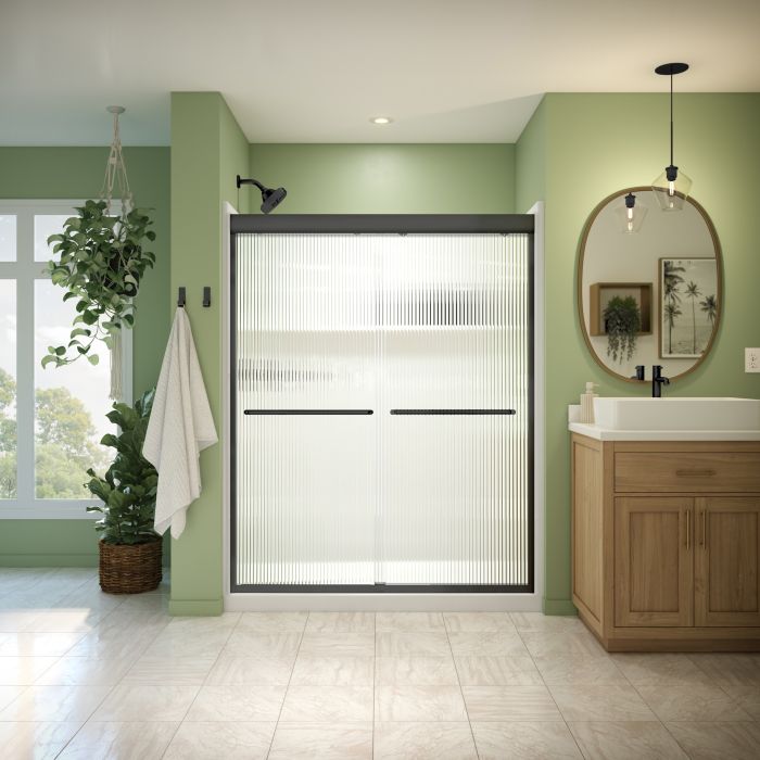Douche Misca Porte de bidirectionnelle 55-59 x 71 po, 6 mm pour installation en alcôve avec verre fluté et fini noir mat
