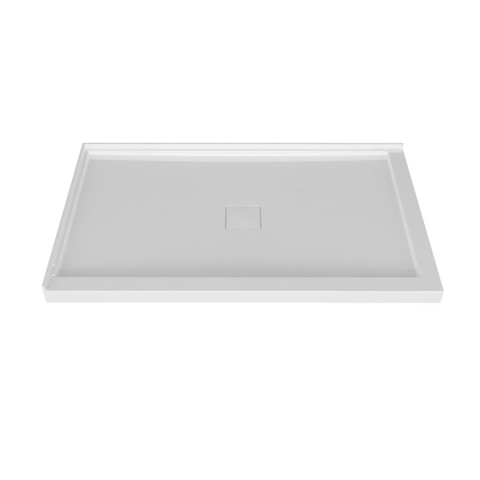 Base de douche Avec cache drain magnétique 54 x 36 po blanc lustré en coin mur à gauche en blanc lustré