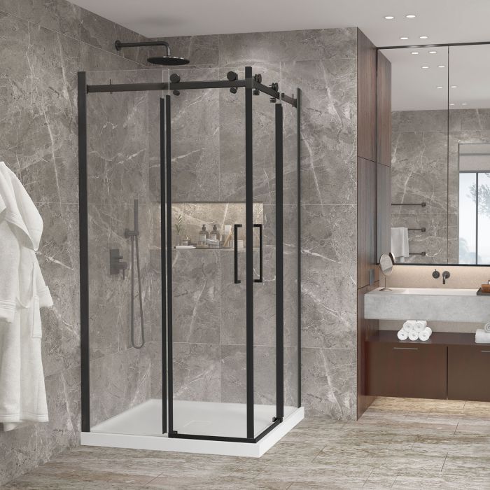 Porte de douche 42 po x Bellini 2.0 42 po noir mat ouverture en coin