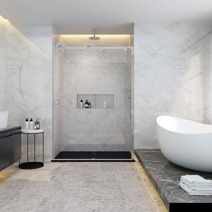 Porte de douche Barn en alcôve en inox brossé