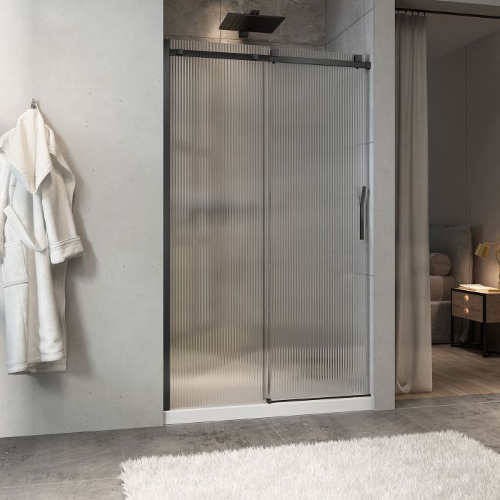 Porte de douche Minia 48 po en alcôve noir mat porte à droite en noir mat et verre flûte