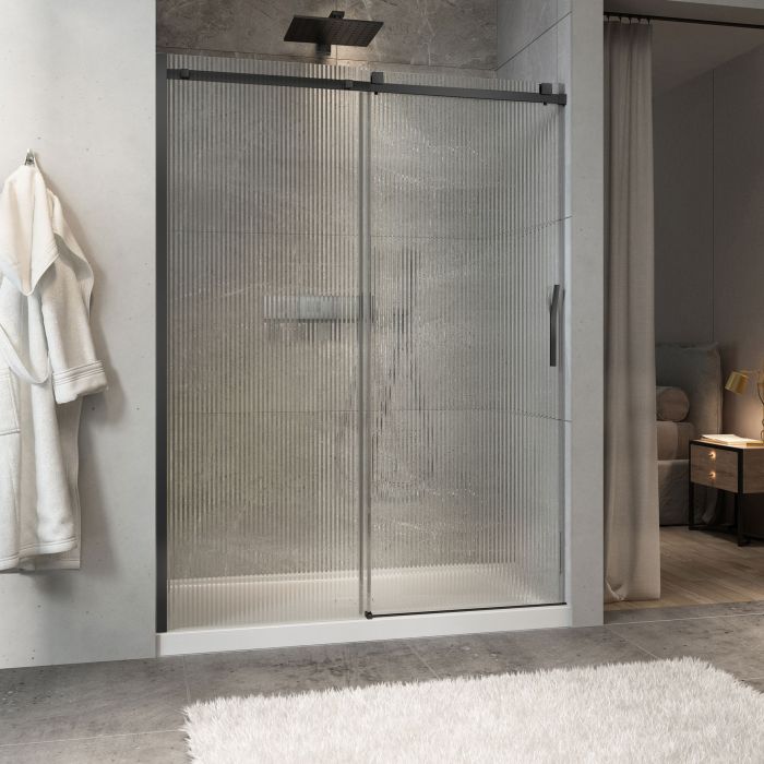 Porte de douche Minia 60 po en alcôve noir mat porte à droite en noir mat et verre flûte