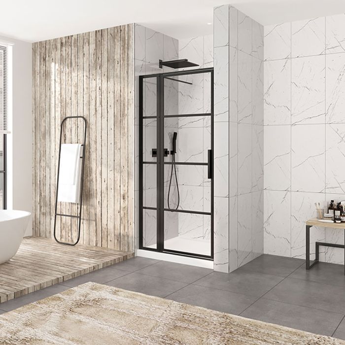 Porte de douche Materia 42 po en alcôve noir mat rectangulaire porte décentrée
