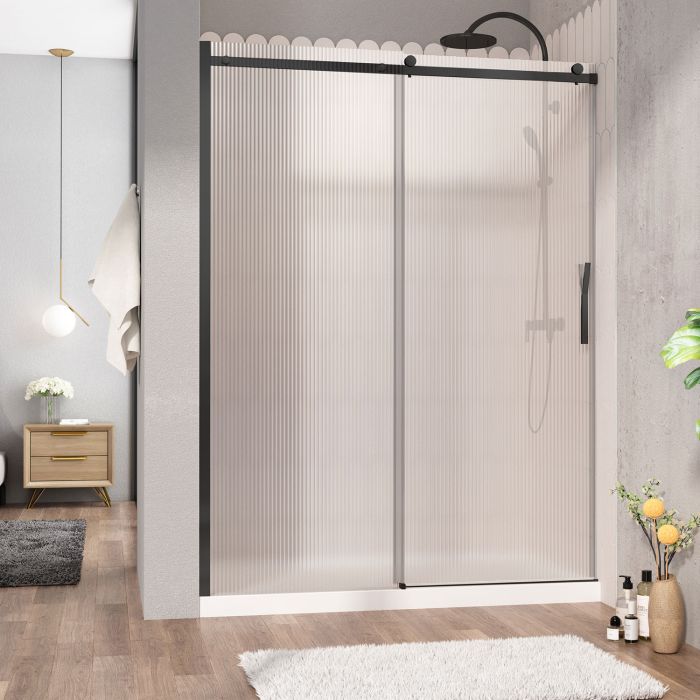 Porte de douche Vaia 60 po en alcôve noir mat porte à droite en noir mat et verre flûte