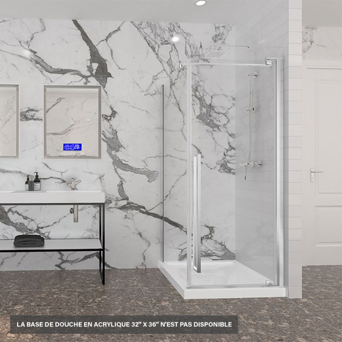 Porte de douche 32 po x Amaly 36 po en coin chrome carré mur à droite
