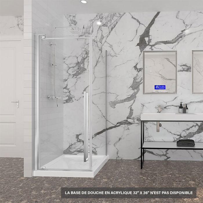 Porte de douche 36 po x Amaly 32 po en coin chrome carré mur à gauche