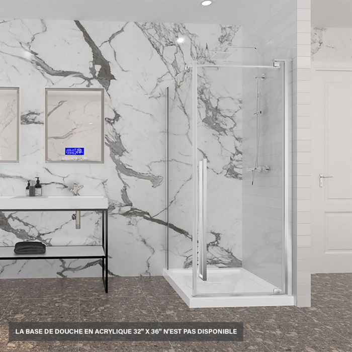 Porte de douche 36 po x Amaly 32 po en coin chrome carré mur à droite