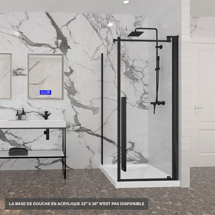 Porte de douche 36 po x Amaly 32 po en coin noir mat carré mur à droite