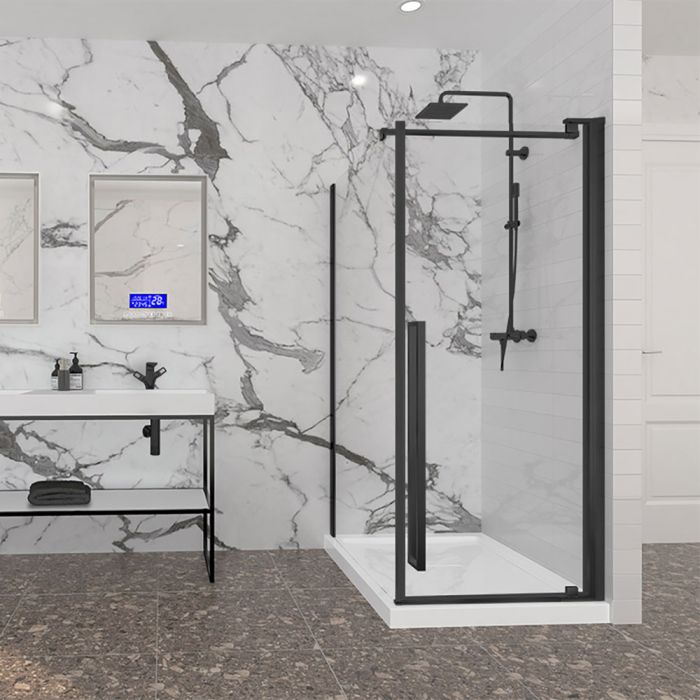 Porte de douche 36 po x Amaly 42 po en coin noir mat carré mur à droite