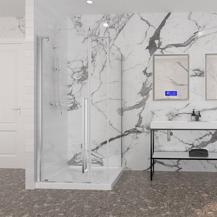 Porte de douche 42 po x Amaly 36 po en coin chrome rectangulaire porte décentrée mur à gauche