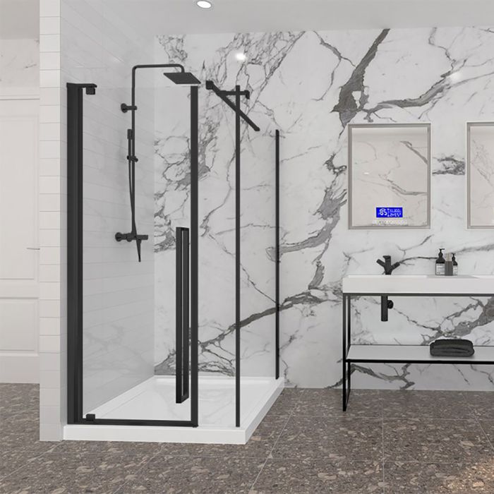 Porte de douche 42 po x Amaly 42 po en coin noir mat rectangulaire porte décentrée mur à gauche