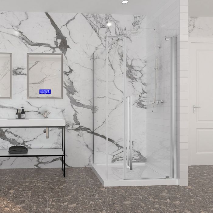 Porte de douche 42 po x Amaly 32 po en coin chrome rectangulaire porte décentrée mur à droite