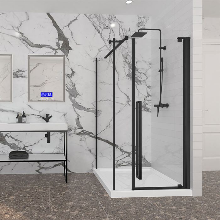 Porte de douche 42 po x Amaly 42 po en coin noir mat rectangulaire porte décentrée mur à droite