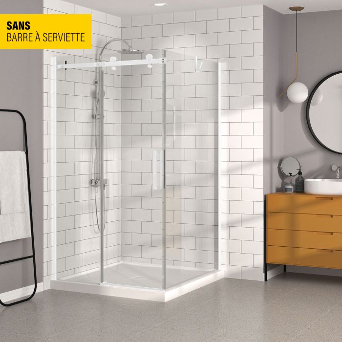 Porte de douche 48 po x Bellini 42 po en coin blanc mat fermeture sur retour mur à gauche porte à droite