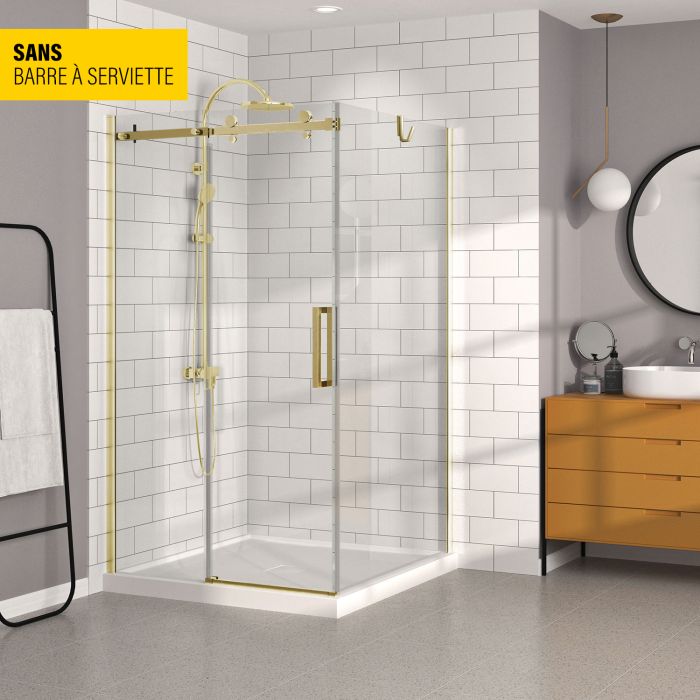 Porte de douche 48 po x Bellini 42 po en coin or brossé fermeture sur retour mur à gauche porte à droite en or brossé