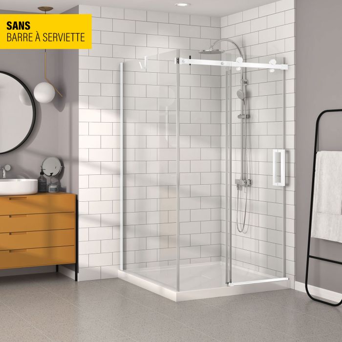 Porte de douche 48 po x Bellini 42 po en coin blanc mat fermeture sur mur mur à droite