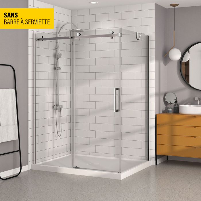 Porte de douche 60 po x Bellini 42 po en coin chrome fermeture sur retour mur à gauche porte à droite
