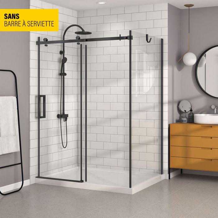 Porte de douche 60 po x Bellini 42 po en coin noir mat fermeture sur mur mur à gauche porte à gauche