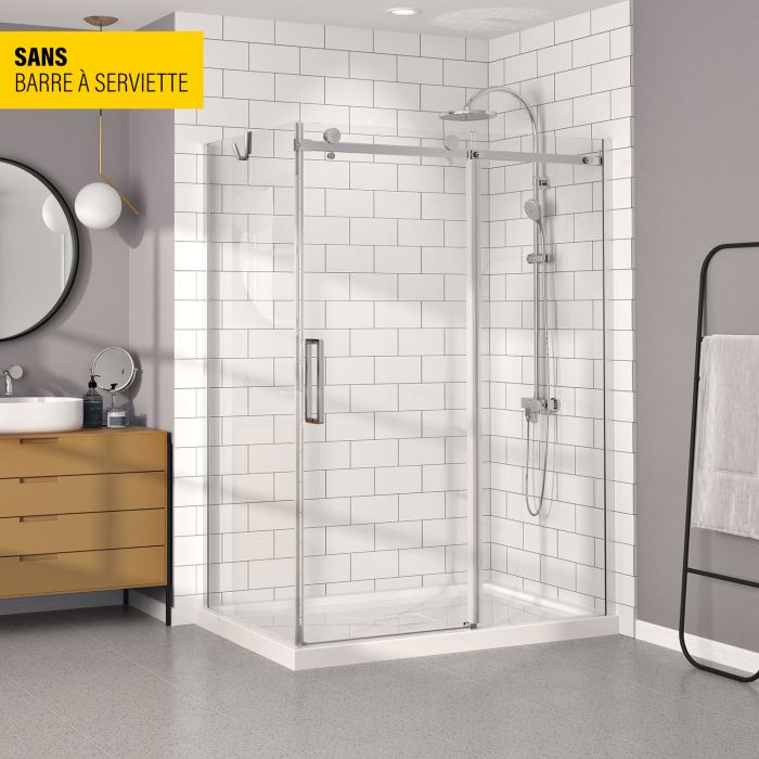 Porte de douche 60 po x Bellini 32 po en coin chrome fermeture sur retour mur à droite porte à gauche