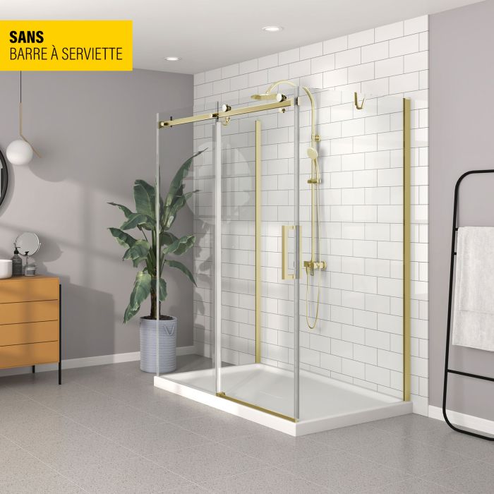 Porte de douche 60 po x Bellini 32 po or brossé sur mur en or brossé
