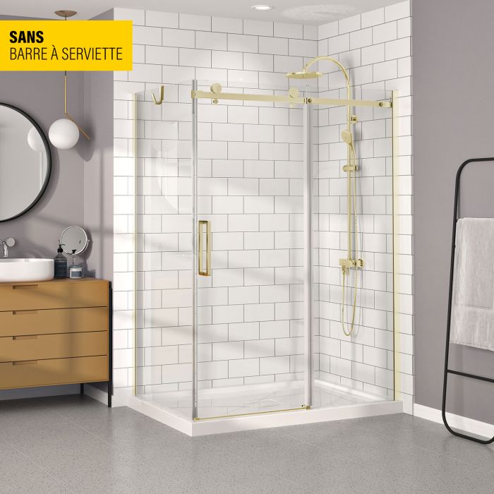 Porte de douche 60 po x Bellini 36 po en coin or brossé fermeture sur retour mur à droite porte à gauche en or brossé