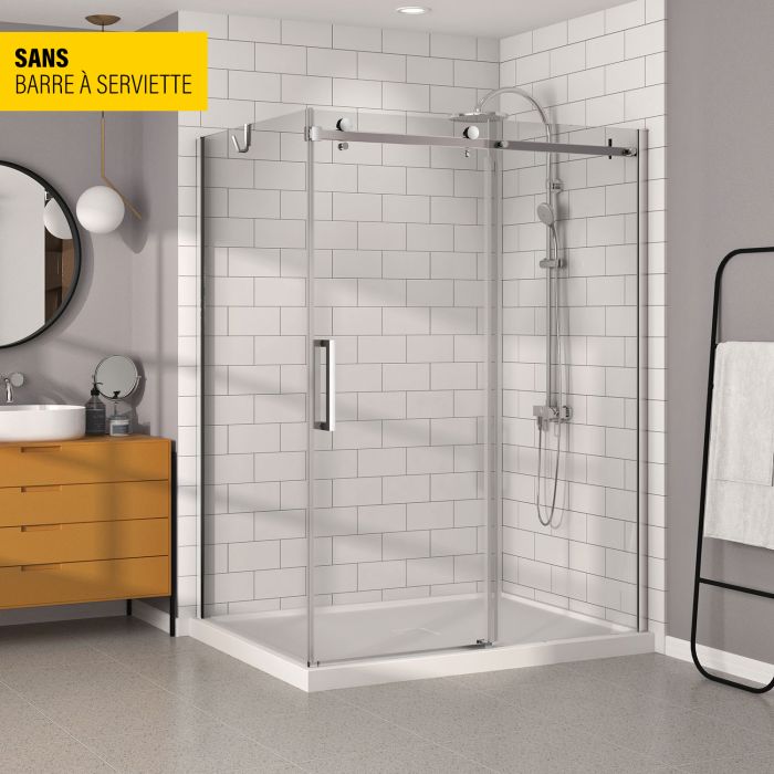 Porte de douche 60 po x Bellini 42 po en coin chrome fermeture sur retour mur à droite porte à gauche