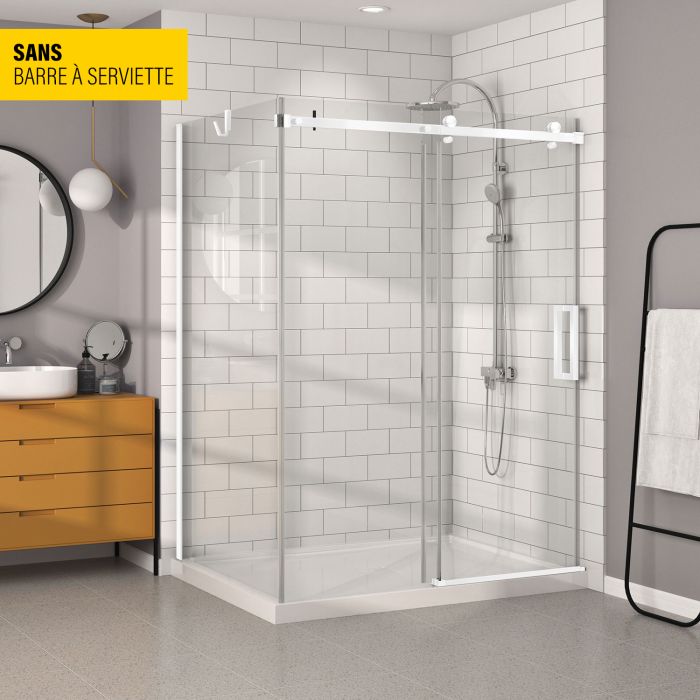 Porte de douche 60 po x Bellini 42 po en coin blanc mat fermeture sur mur mur à droite