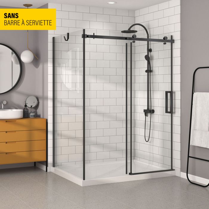 Porte de douche 60 po x Bellini 42 po en coin noir mat fermeture sur mur mur à droite
