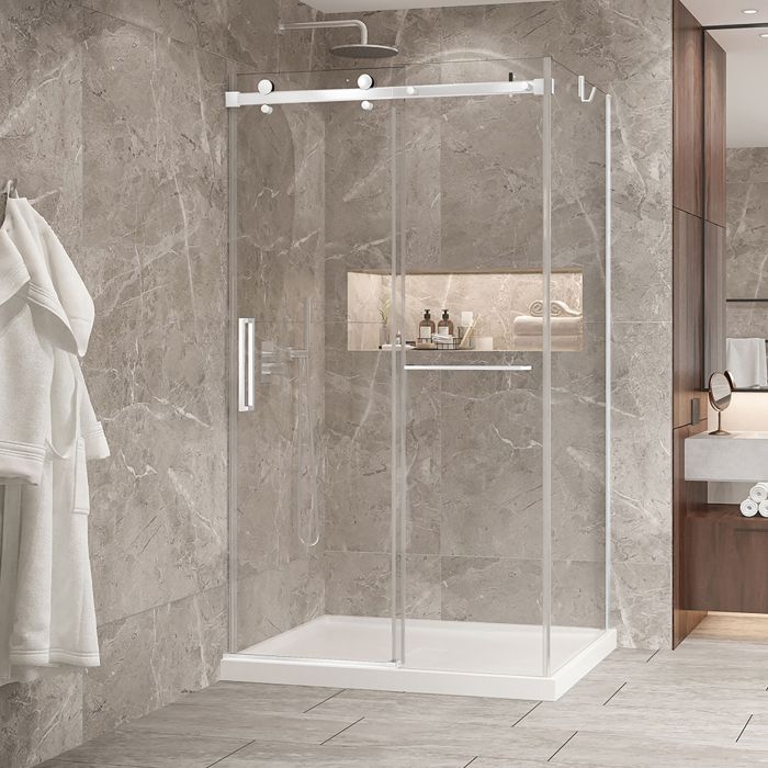 Porte de douche 48 po x Bellini 2.0 32 po en coin blanc mat fermeture sur mur mur à gauche porte à gauche