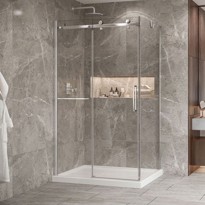 Porte de douche 48 po x Bellini 2.0 36 po en coin chrome fermeture sur retour mur à gauche porte à droite