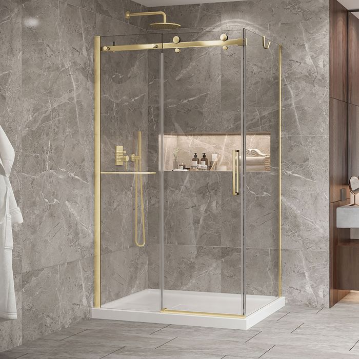 Porte de douche 48 po x Bellini 2.0 36 po en coin or brossé fermeture sur retour mur à gauche porte à droite en or brossé