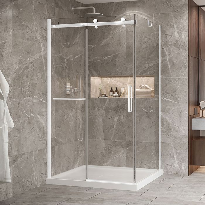 Porte de douche 48 po x Bellini 2.0 42 po en coin blanc mat fermeture sur retour mur à gauche porte à droite