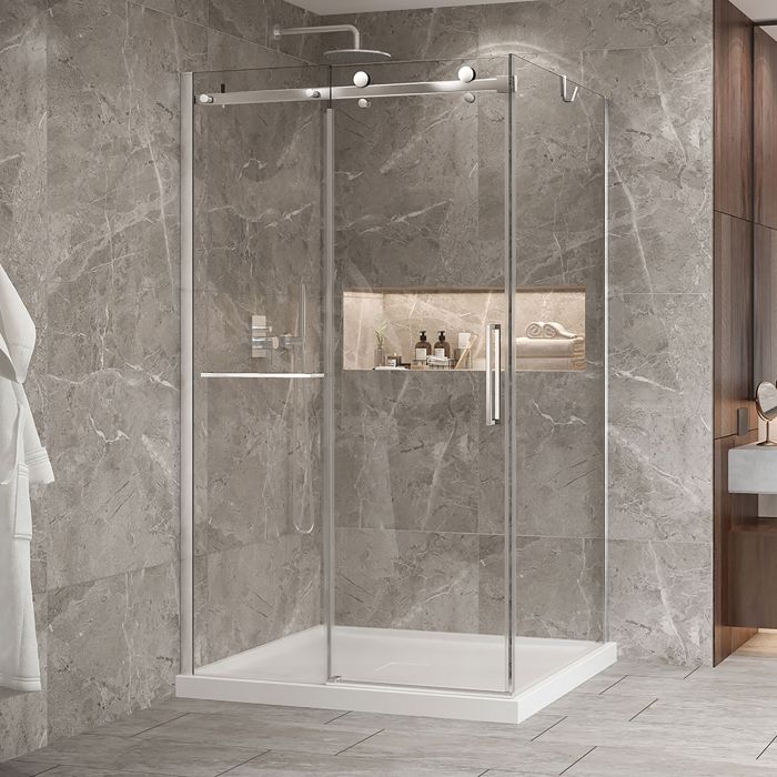 Porte de douche 48 po x Bellini 2.0 42 po en coin chrome fermeture sur retour mur à gauche porte à droite