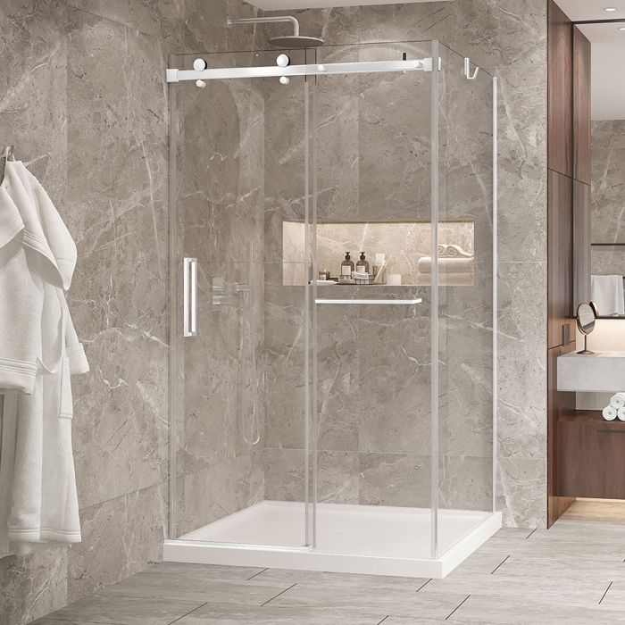 Porte de douche 48 po x Bellini 2.0 42 po en coin blanc mat fermeture sur mur mur à gauche porte à gauche