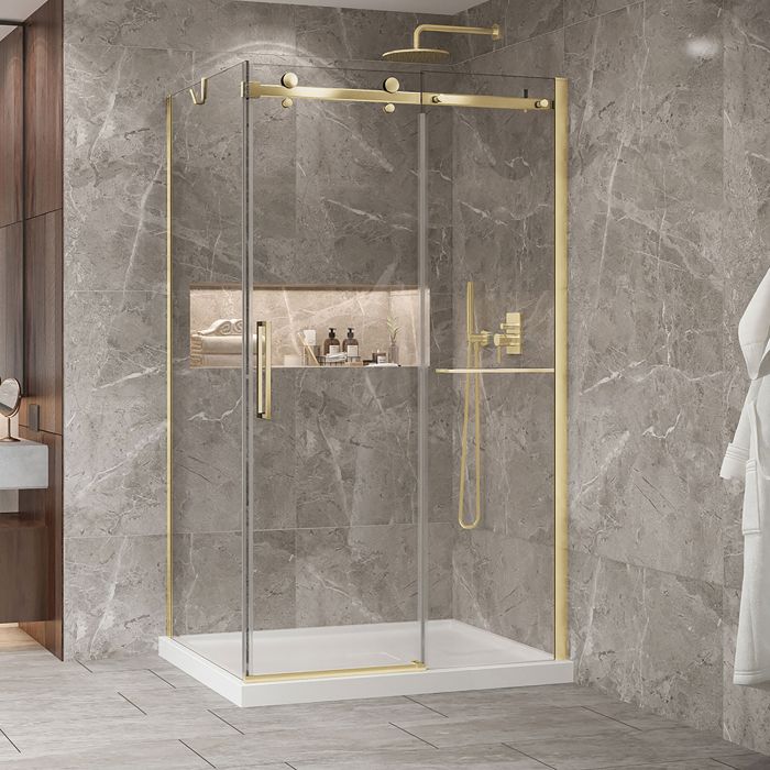 Porte de douche 48 po x Bellini 2.0 36 po en coin or brossé fermeture sur retour mur à droite porte à gauche en or brossé