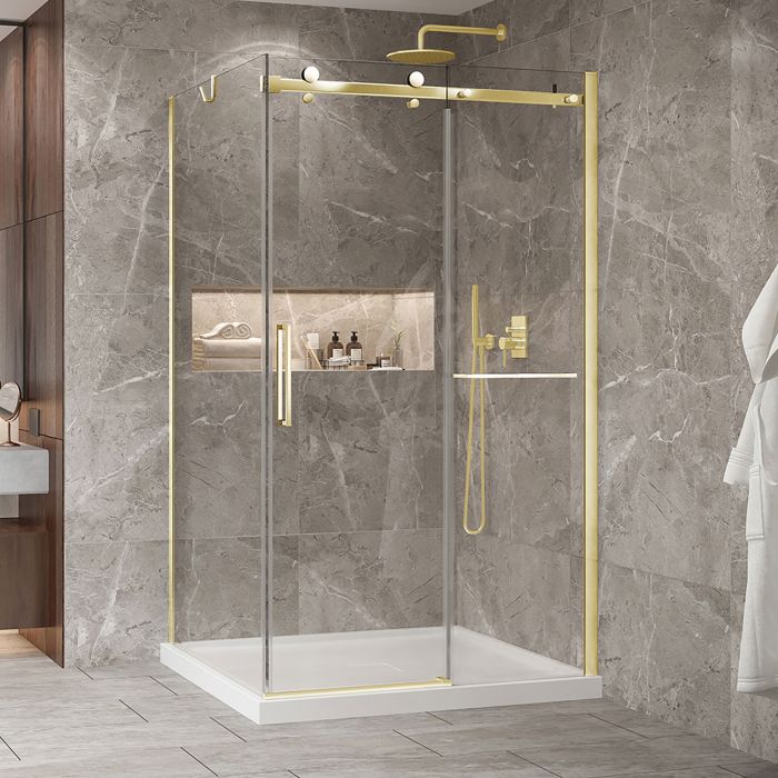 Porte de douche 48 po x Bellini 2.0 42 po en coin or brossé fermeture sur retour mur à droite porte à gauche en or brossé
