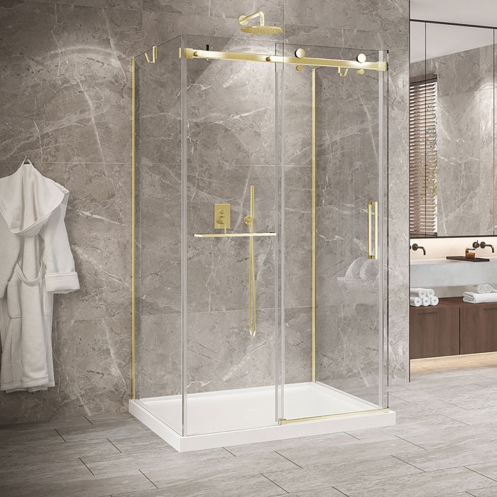 Porte de douche 48 po x Bellini 2.0 42 po or brossé sur mur en or brossé