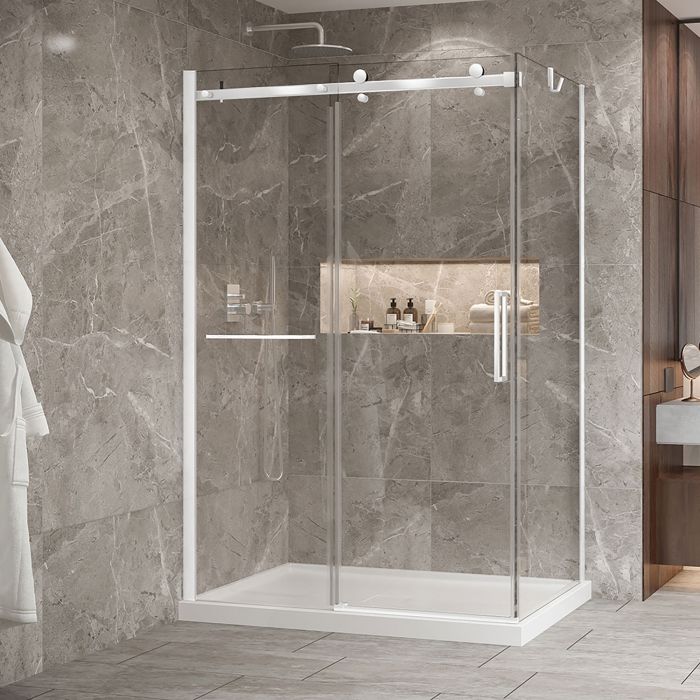 Porte de douche 54 po x Bellini 2.0 32 po en coin blanc mat fermeture sur retour mur à gauche porte à droite