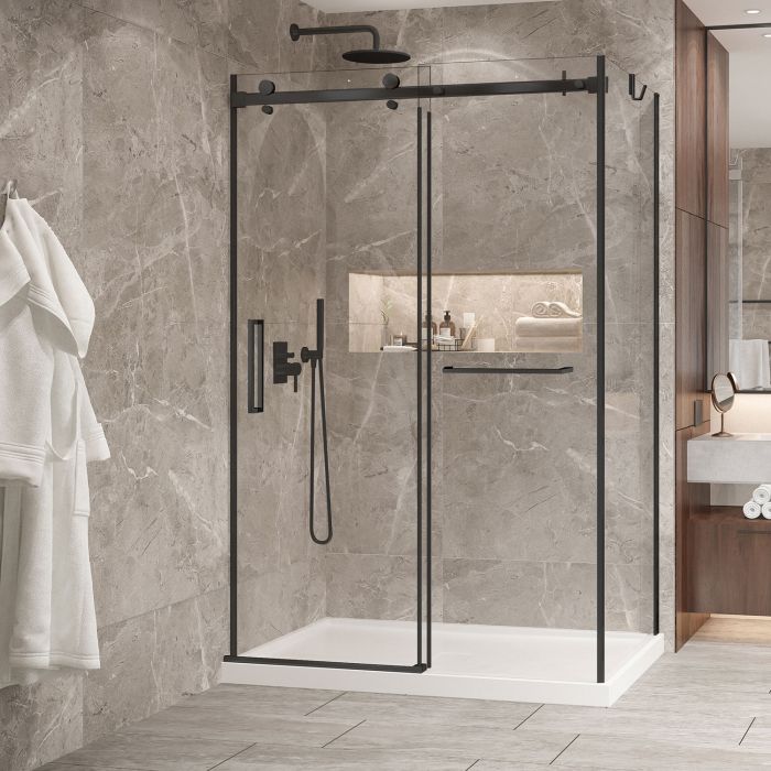 Porte de douche 54 po x Bellini 2.0 36 po en coin noir mat fermeture sur mur mur à gauche porte à gauche