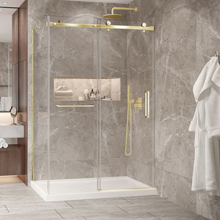 Porte de douche 54 po x Bellini 2.0 32 po en coin or brossé fermeture sur mur mur à droite porte à droite en or brossé