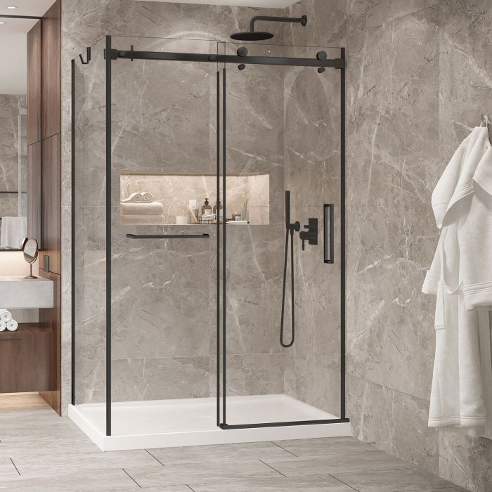Porte de douche 54 po x Bellini 2.0 36 po en coin noir mat fermeture sur mur mur à droite