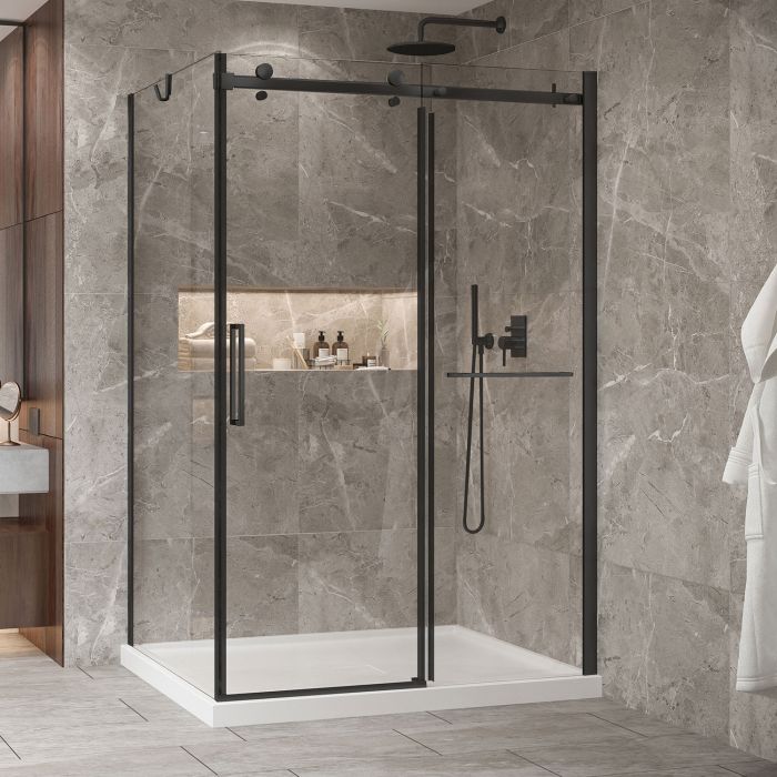Porte de douche 54 po x Bellini 2.0 42 po en coin noir mat fermeture sur retour mur à droite porte à gauche
