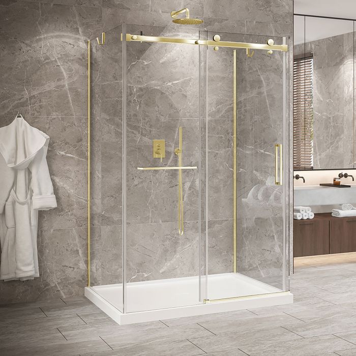 Porte de douche 54 po x Bellini 2.0 42 po or brossé sur mur en or brossé