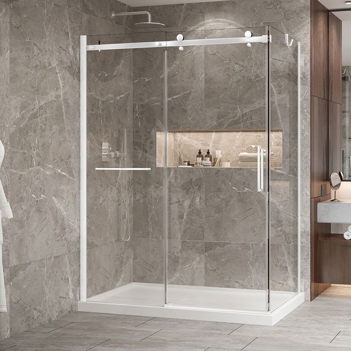 Porte de douche 60 po x Bellini 2.0 32 po en coin blanc mat fermeture sur retour mur à gauche porte à droite
