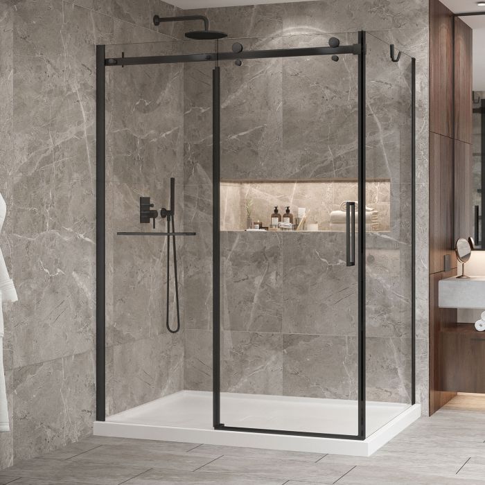 Porte de douche 60 po x Bellini 2.0 42 po en coin noir mat fermeture sur retour mur à gauche porte à droite
