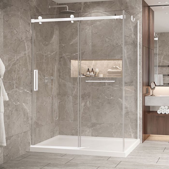 Porte de douche 60 po x Bellini 2.0 42 po en coin blanc mat fermeture sur mur mur à gauche porte à gauche