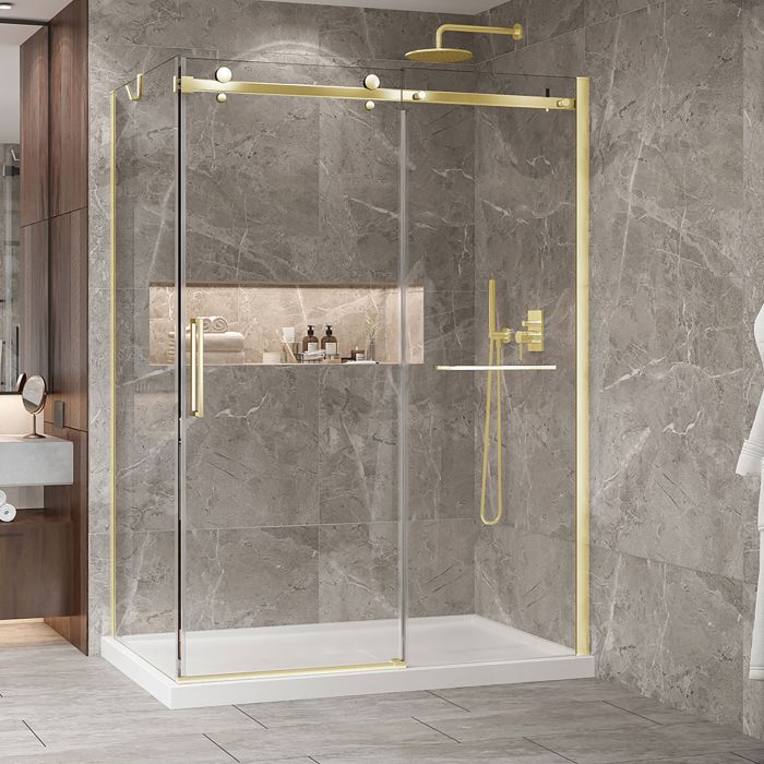 Porte de douche 60 po x Bellini 2.0 32 po en coin or brossé fermeture sur retour mur à droite porte à gauche en or brossé