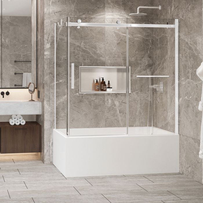 Porte de baignoire 60 po x Bellini 2.0 32 po en coin blanc mat fermeture sur retour mur à droite porte à gauche